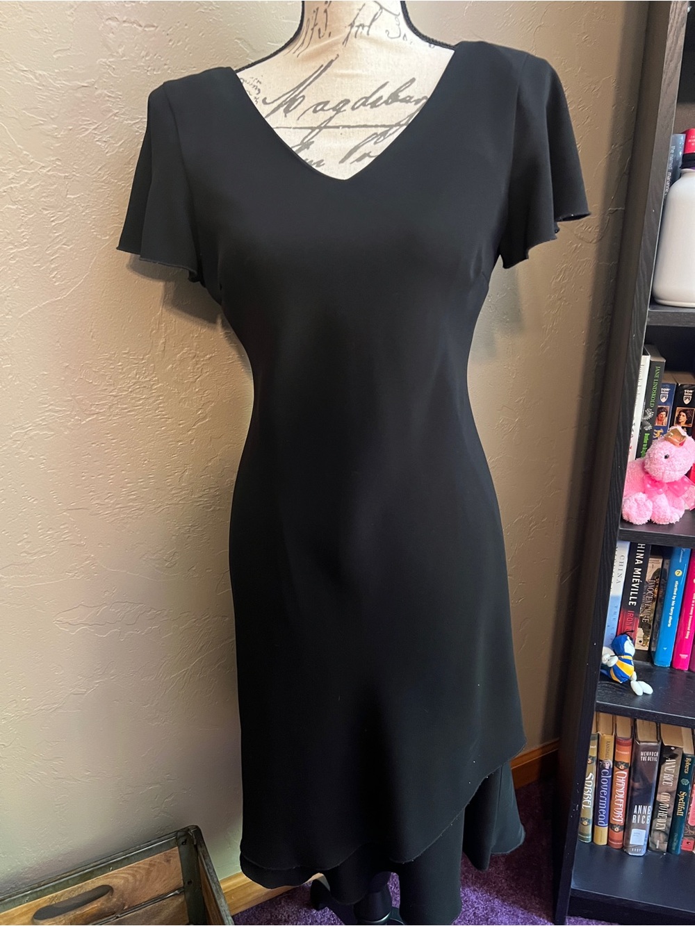 LBD -  Black V-Neck Flounce Sleeve Dress